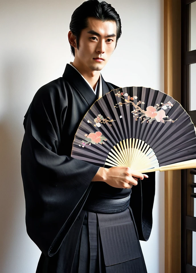 arafed man in a black kimono holding a fan, a picture inspired by Itō Ogura Yonesuke, tumblr, shin hanga, traditional japanese, japaneese style, japanese model, wearing hakama, japanese style, hakama kimono, japanese clothes, wearing a haori, intricate hakama, wearing a kimono, japanic style