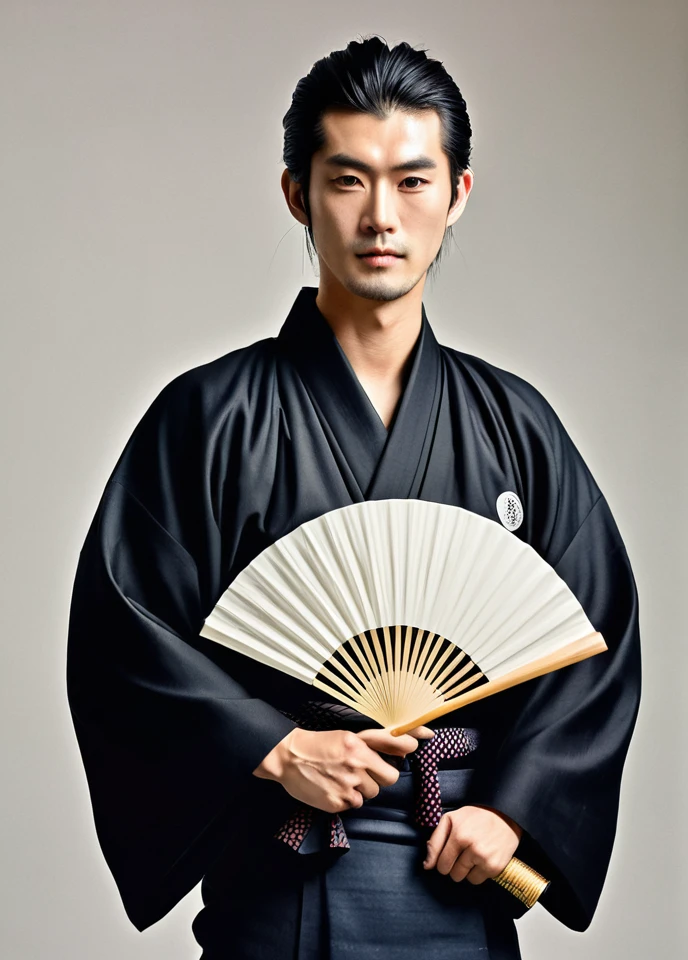 arafed man in a black kimono holding a fan, a picture inspired by Itō Ogura Yonesuke, tumblr, shin hanga, traditional japanese, japaneese style, japanese model, wearing hakama, japanese style, hakama kimono, japanese clothes, wearing a haori, intricate hakama, wearing a kimono, japanic style