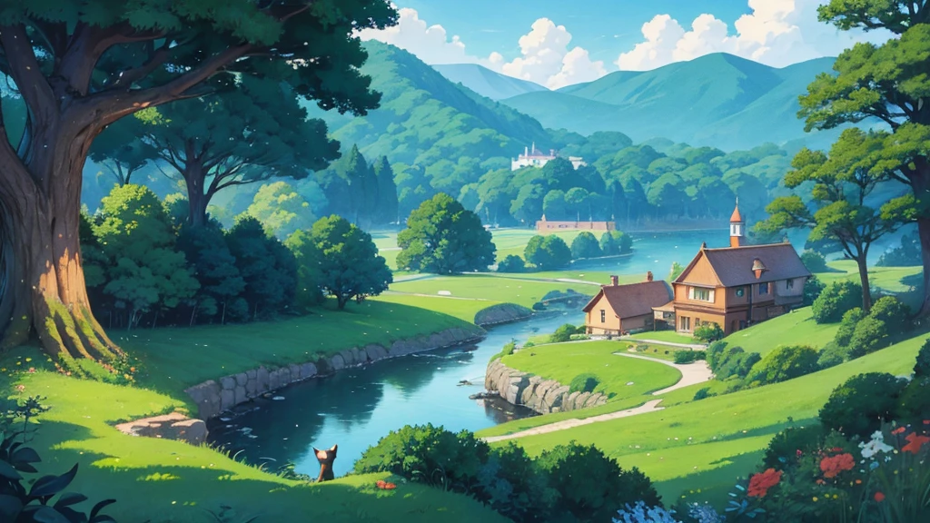 Ghibli style,landscape,One cat,wideshot,Ghibli styleイラスト,Detailed illustrations,High quality