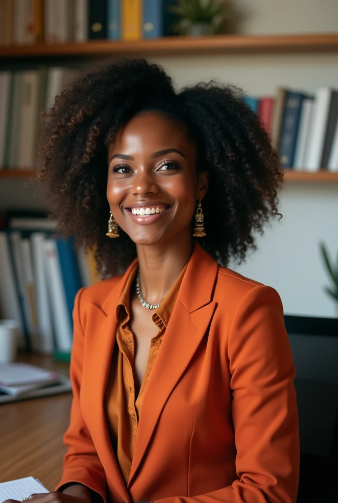 Creates realistic image of a happy black woman in an office