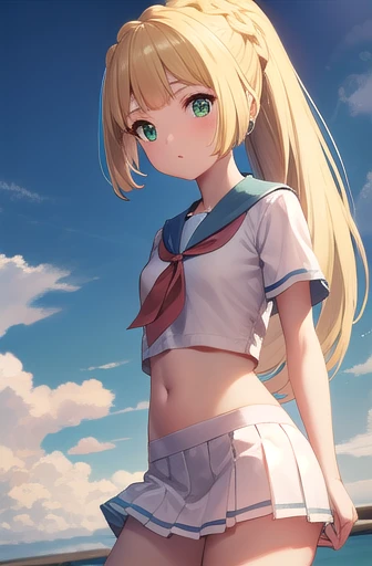 pokemonlilie, pokemonlilie, blonde hair, blunt bangs, (green eyes:1.5), long hair, (small breasts:1.2),
BREAK braid, french braid, high ponytail, miniskirt, pleated skirt, sailor collar, shirt, short sleeves, skirt, white shirt, white skirt,
BREAK looking at viewer, upper body, full body, (cowboy shot:1.5),
BREAK outdoors, nature, sky,
BREAK (masterpiece:1.2), best quality, high resolution, unity 8k wallpaper, (illustration:0.8), (beautiful detailed eyes:1.6), extremely detailed face, perfect lighting, extremely detailed CG, (perfect hands, perfect anatomy),