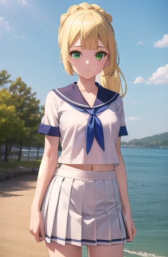 pokemonlilie, pokemonlilie, blonde hair, blunt bangs, (green eyes:1.5), long hair, (small breasts:1.2),
BREAK braid, french braid, high ponytail, miniskirt, pleated skirt, sailor collar, shirt, short sleeves, skirt, white shirt, white skirt,
BREAK looking at viewer, upper body, full body, (cowboy shot:1.5),
BREAK outdoors, nature, sky,
BREAK (masterpiece:1.2), best quality, high resolution, unity 8k wallpaper, (illustration:0.8), (beautiful detailed eyes:1.6), extremely detailed face, perfect lighting, extremely detailed CG, (perfect hands, perfect anatomy),