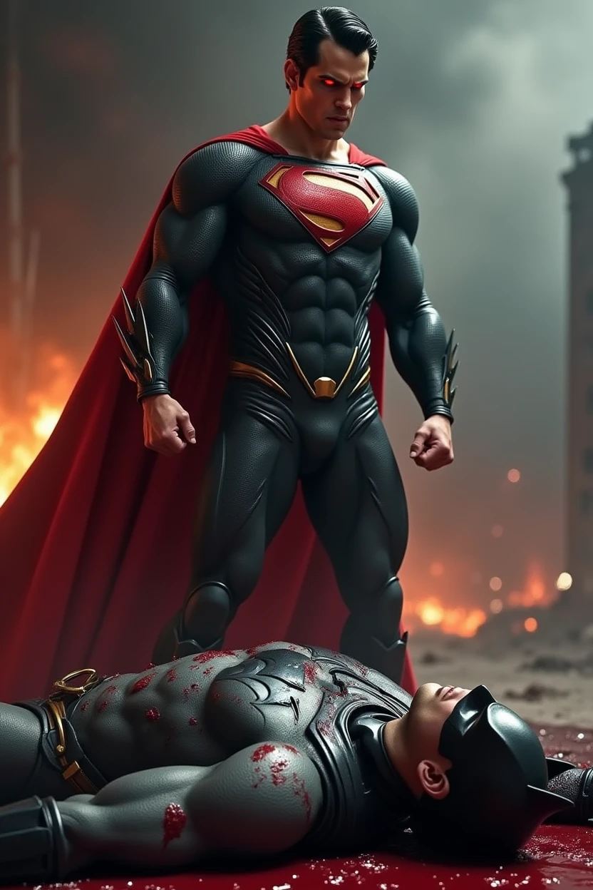 Superman standing angry with bloody fists and black suite and glowing red eyes, batman on the ground dead, laying in his own blood with mask that resembles bat and has closed eyes with apocalyptic background