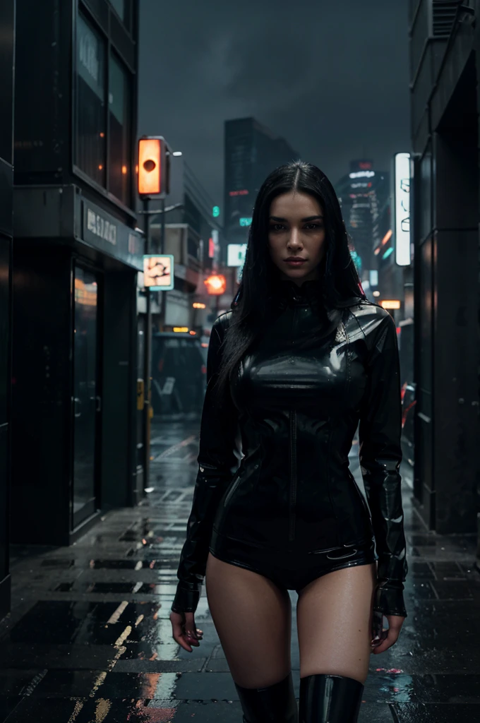 A woman with long black hair, wearing a sleek latex outfit and a leather jacket, standing in a dark, rainy, cyberpunk-inspired world, nighttime (best quality,4k,8k,highres,masterpiece:1.2),ultra-detailed,(realistic,photorealistic,photo-realistic:1.37),beautiful detailed eyes,beautiful detailed lips,extremely detailed eyes and face,longeyelashes,dark moody lighting,neon lights,rain,puddles,dystopian cityscape,skyscrapers,futuristic architecture,cyberpunk,sci-fi,dramatic,cinematic