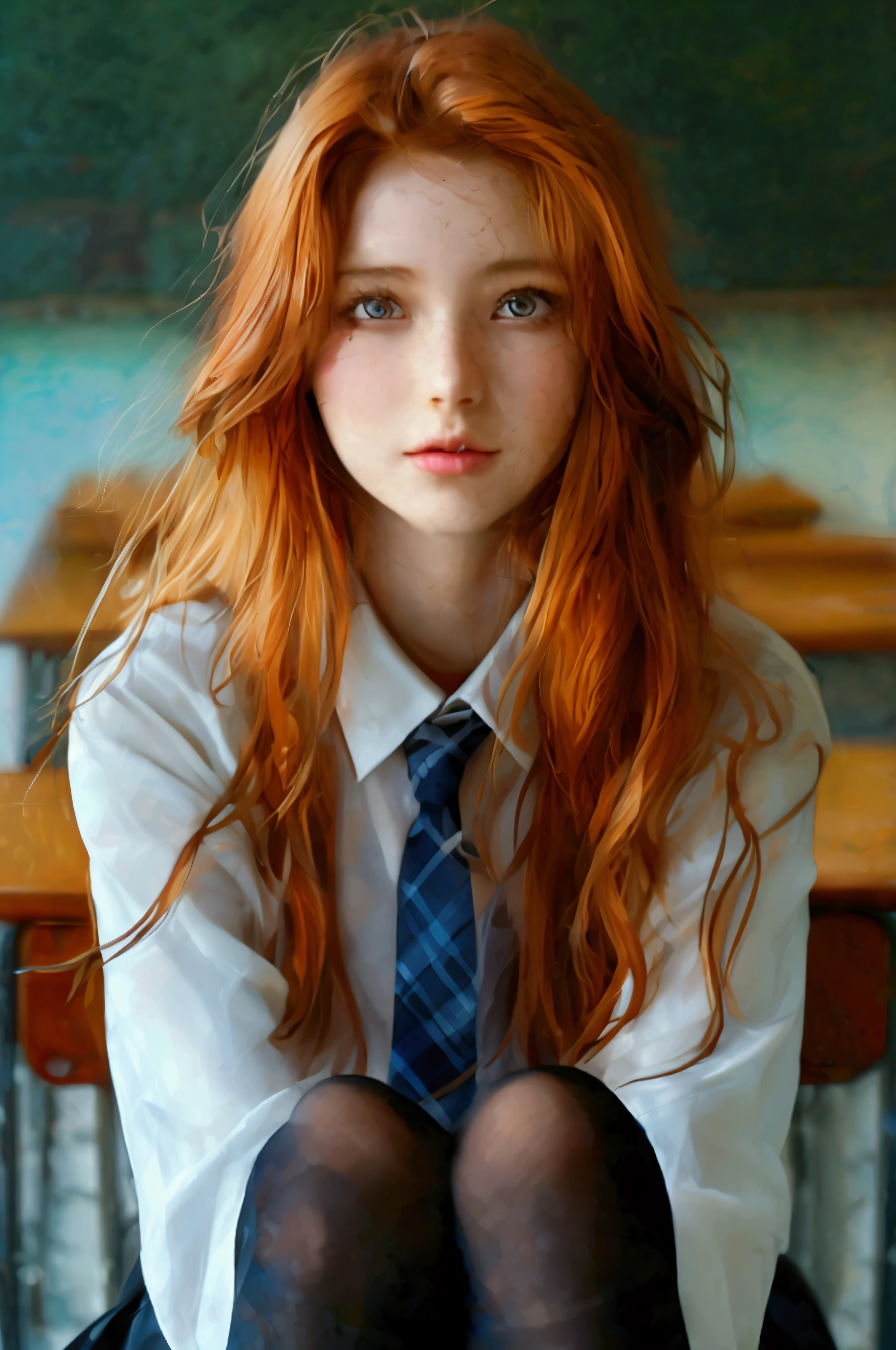 ultra realistic, photography, long red hair, girl, 24 years old, hourglass figure, perfect body, small breasts, Flirty look, blur background, wearing a school girl outfit (open blouse with cleavage, skirt, black opaque thigh socks, a tie), sitting in classroom, sitting on a chair behind her desk, looking sedcutively, playing with a strand of her hair, she has her legs crossed,