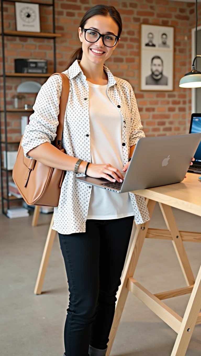 Create a photo using the same model having a laptop sitting on a desk working a software engineer job