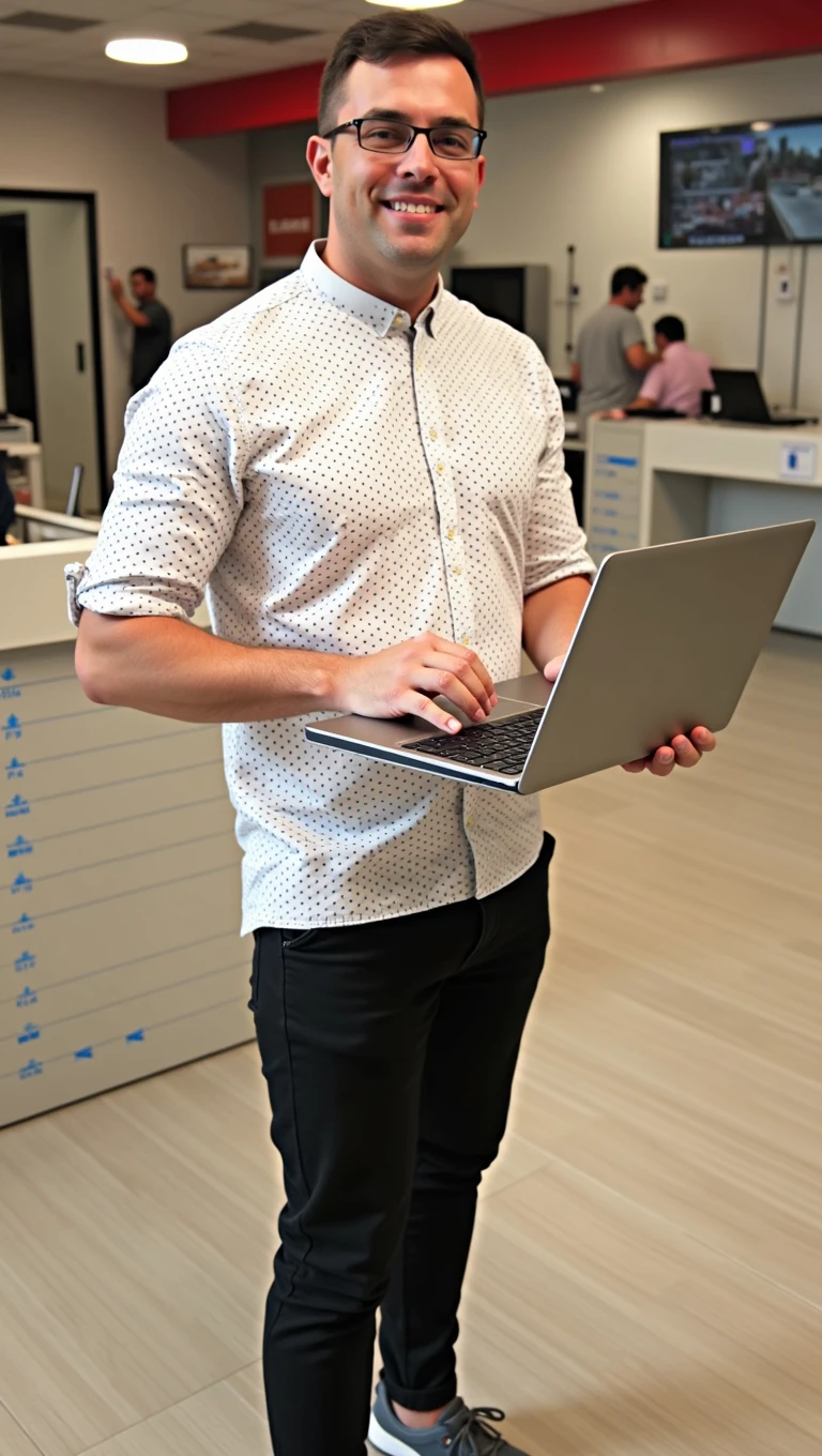 Create a photo using the same model having a laptop sitting on a desk working a software engineer job 