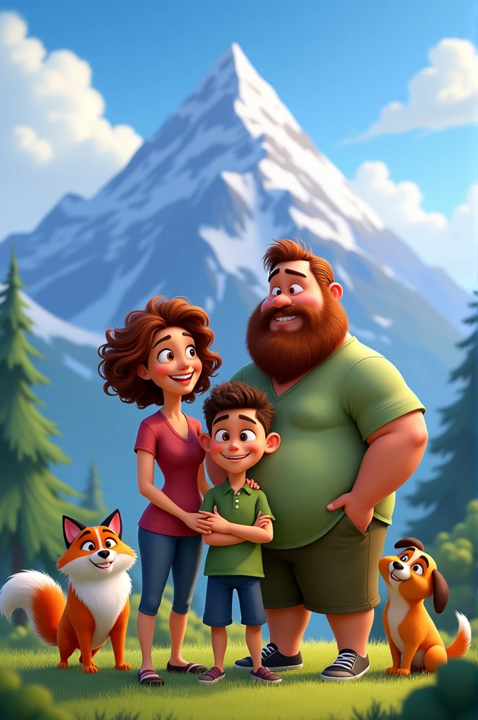 Cartoon style, look like zootopia, a woman with curly hair smiling, a slightly overweight brown-haired man with a big beard, a 2-year-old brown-haired boy with curls, a kitten, a brown and white border collie, mountain