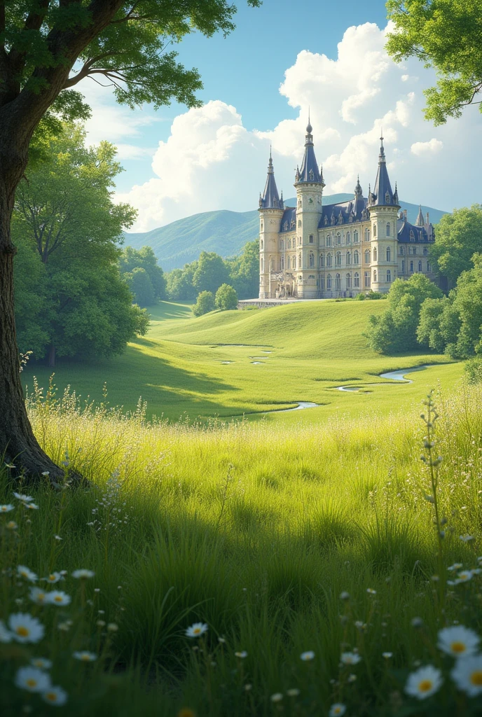 Meadow with French chateau in the background