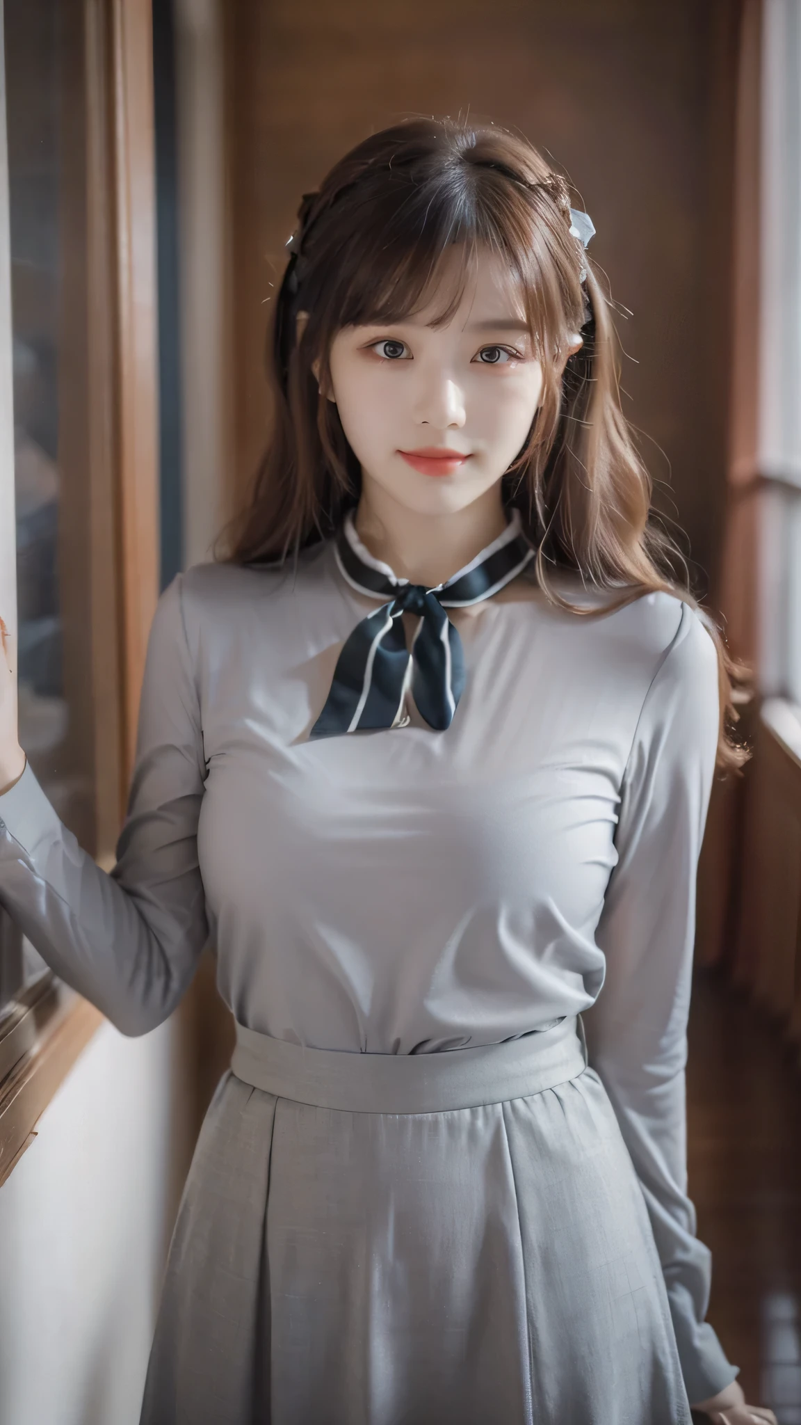 detailed background, masterpiece, best quality, 1 person , curly hair, long hair, purple eyes, star in eye , grey blouse, long skirt, grey , grey blouse , beautiful bow, detailed bow, indoor