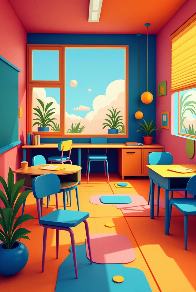 Drawing of a classroom made with pure figures that does not have people and is very colorful that looks like a drawing