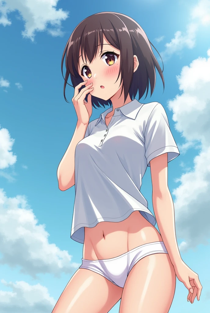 Crying while wearing white briefs、Beautiful girl anime in polo shirt