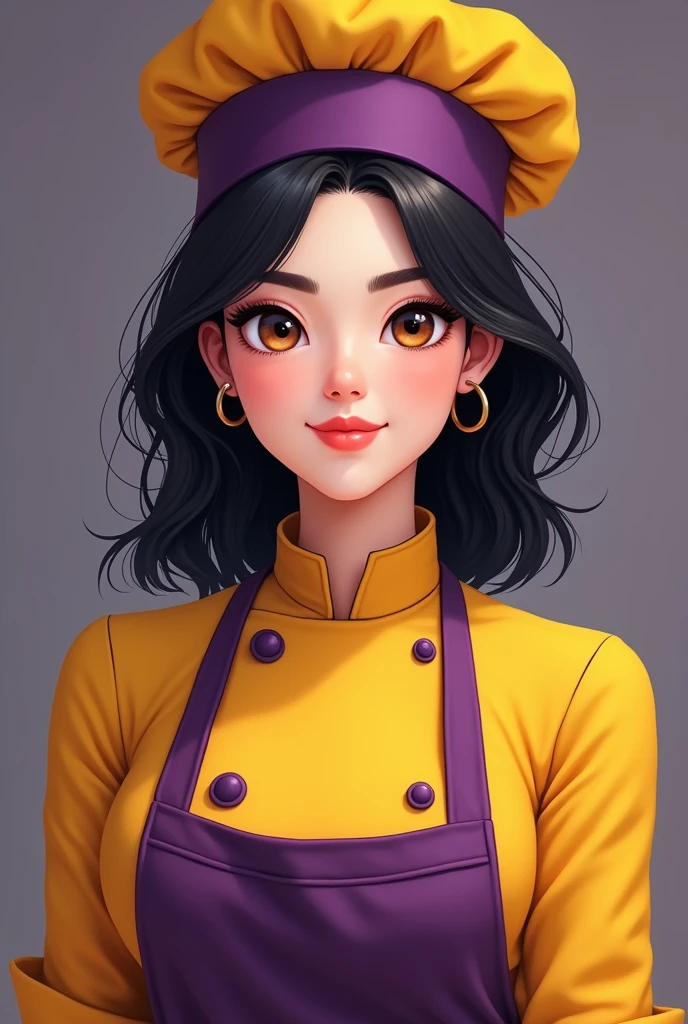 Woman aged 30 years old, com olhos castanhos, black medium hair, in yellow and purple pastry chef&#39;s outfit and chef&#39;s hat, no earring 