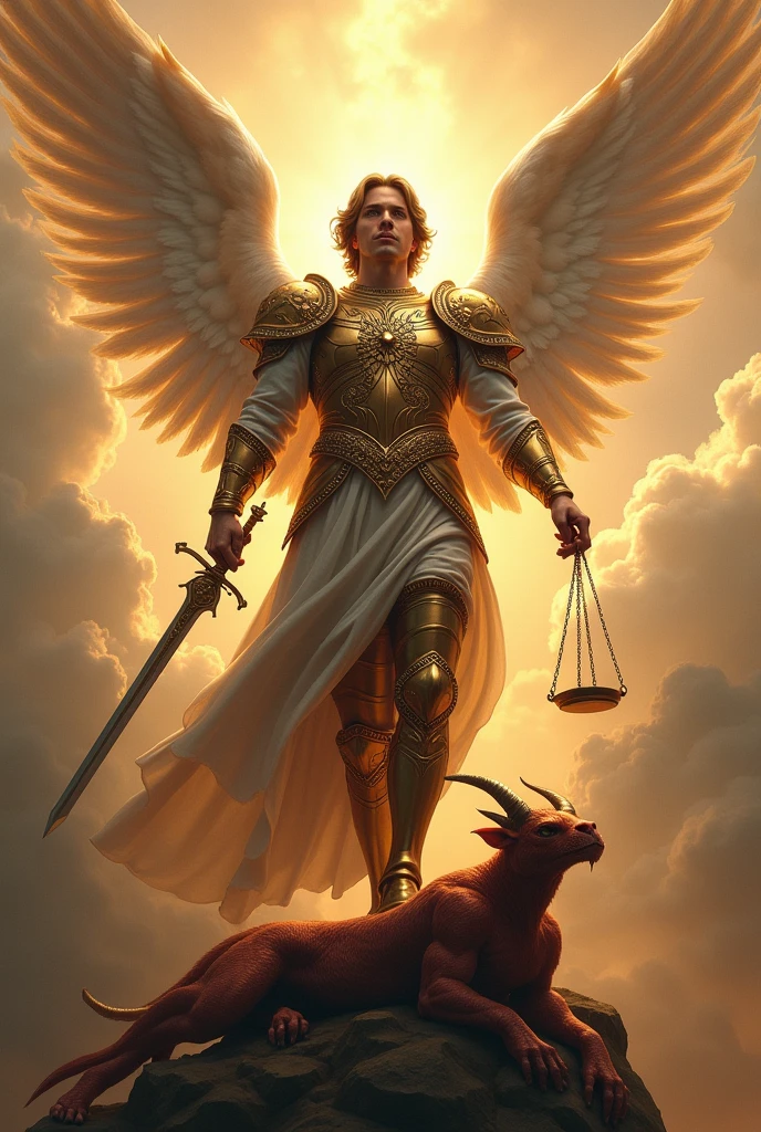 Create an image of a sky with large clouds, place an image of Saint Michael the Archangel as described by the Catholic faith, with the sword in his right hand, a scale in his right hand and with his feet stepping on the head of Satan the demon Lucifer