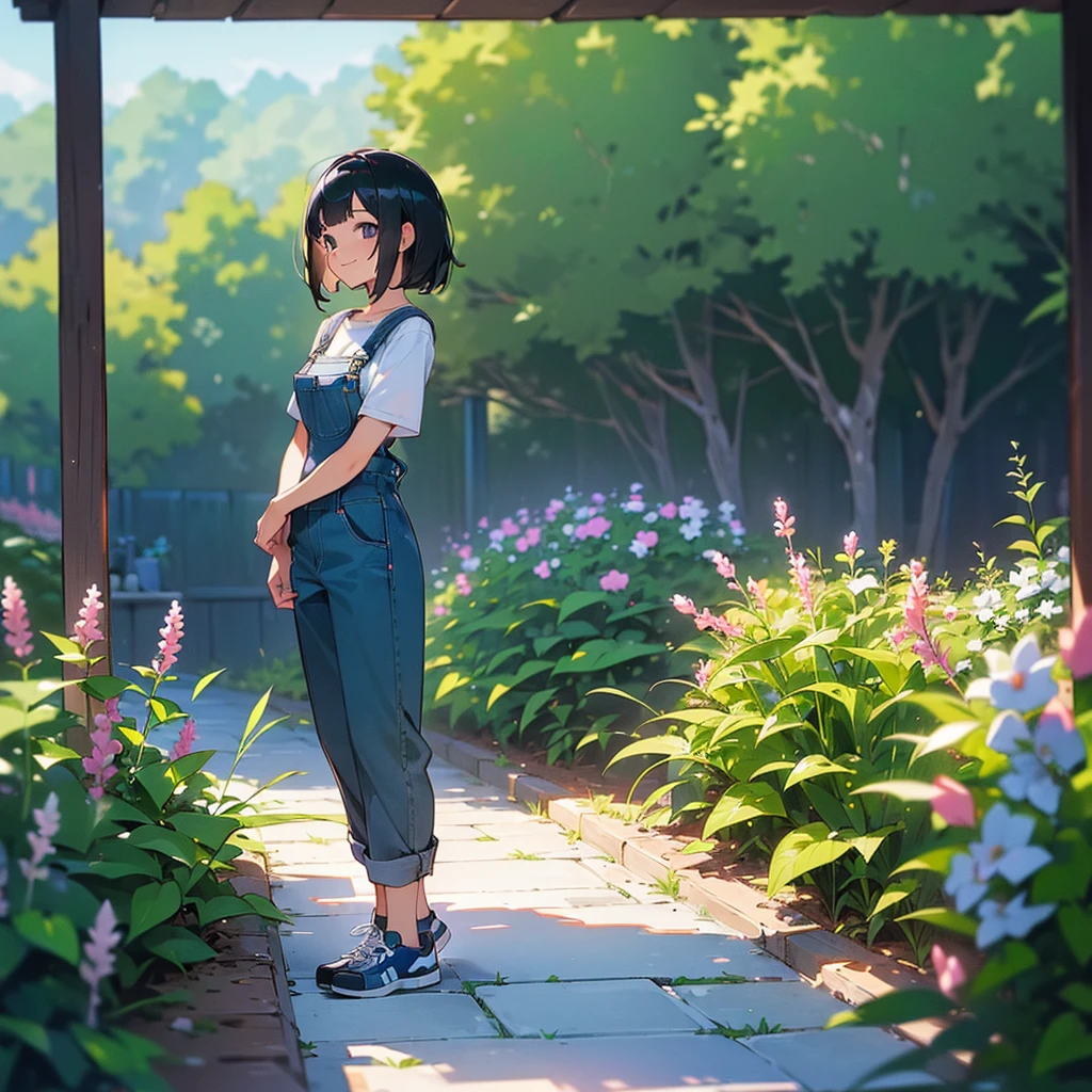 (high quality, High resolution, Very detailed, reality:1.37), Peaceful atmosphere, (Outdoor, garden), Teenage girl standing alone, (my breasts are big.), Beautiful details, Cute Smile, (Black bob hair), Short sleeve shirt, Overalls, Blue socks, sneakers.