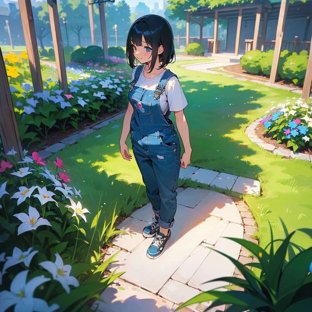 (high quality, High resolution, Very detailed, reality:1.37), Peaceful atmosphere, (Outdoor, garden), Teenage girl standing alone, (my breasts are big.), Beautiful details, Cute Smile, (Black bob hair), Short sleeve shirt, Overalls, Blue socks, sneakers.