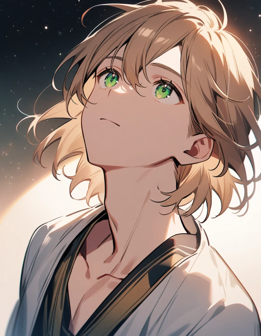 male, Light brown hair, Green eyes Looking up From the chest up