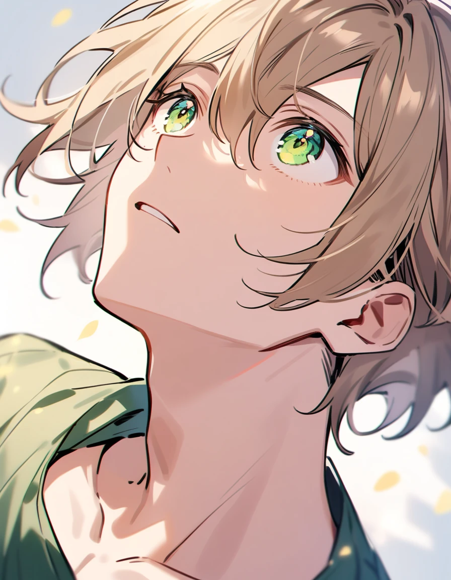 male, Light brown hair, Green eyes Looking up From the chest up