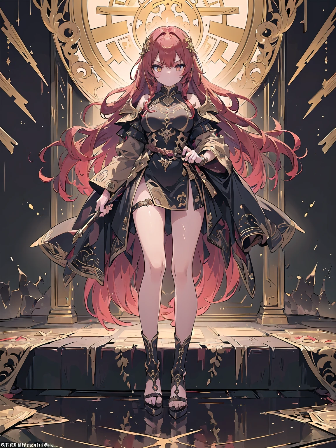 (((masterpiece, best quality, high detailed, 16k))) (1girl) A fierce warrior princess with fiery red hair braided with golden threads, wearing a dazzling suit of obsidian armor decorated with intricate gold filigree. Her piercing amber eyes burn with intensity as she wields a double-edged sword that glows with a mystical light. ((full body view))