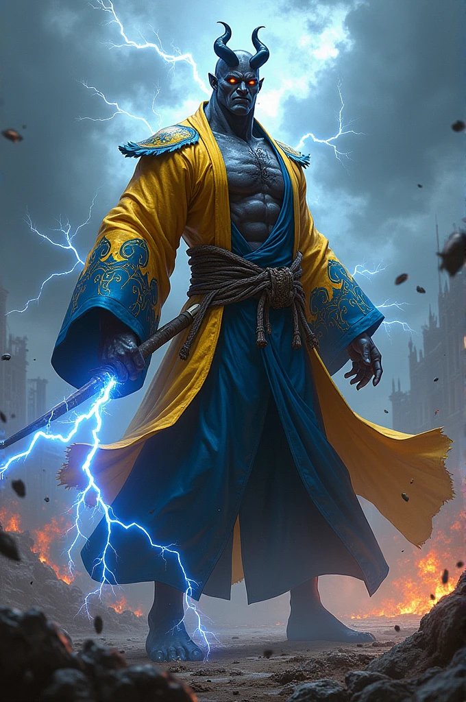 Create a black demon slayer character who uses Thunder Breathing and wears a yellow and blue haori