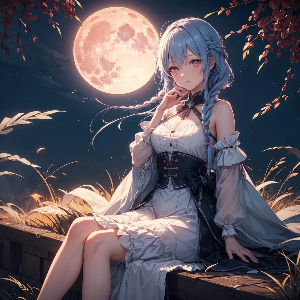 (Braiding),(Sky blue medium hair), (Pink eyes),(Fair skin)  ,(whole body),(One Girl),(harvest moon),(A large amount of Miscanthus sinensis in the background),autumn,(full moon),(masterpiece, Highest quality, Very detailed, Best Shadow), (Detailed Background), (Beautifully detailed face), High Contrast, (Best lighting, Very delicate and beautiful), ((Cinematic Light)), Hyper Detail,8k, Dramatic Light, Intricate details