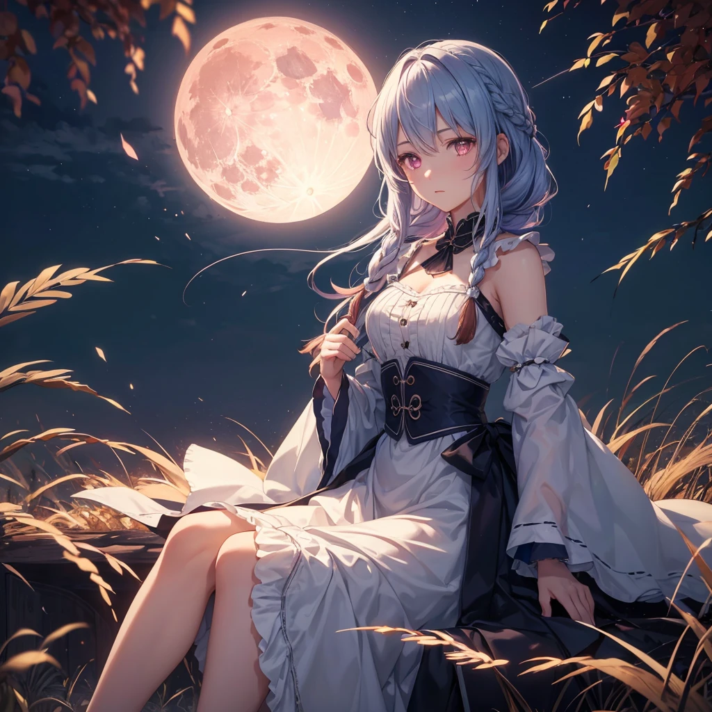 (Braiding),(Sky blue medium hair), (Pink eyes),(Fair skin)  ,(whole body),(One Girl),(harvest moon),(A large amount of Miscanthus sinensis in the background),autumn,(full moon),(masterpiece, Highest quality, Very detailed, Best Shadow), (Detailed Background), (Beautifully detailed face), High Contrast, (Best lighting, Very delicate and beautiful), ((Cinematic Light)), Hyper Detail,8k, Dramatic Light, Intricate details