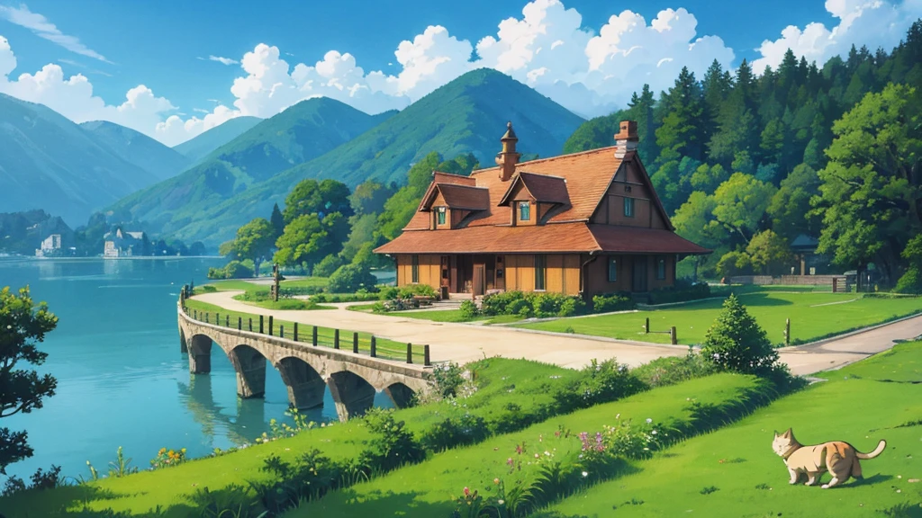 Ghibli style，landscape，One cat，wideshot，Ghibli styleイラスト，Detailed illustrations，High quality