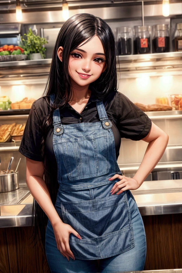 young woman, beautiful, latina, black hair, straight hair, brown skin, black eyes, smile, waitress, denim apron, smile amable, happy expression