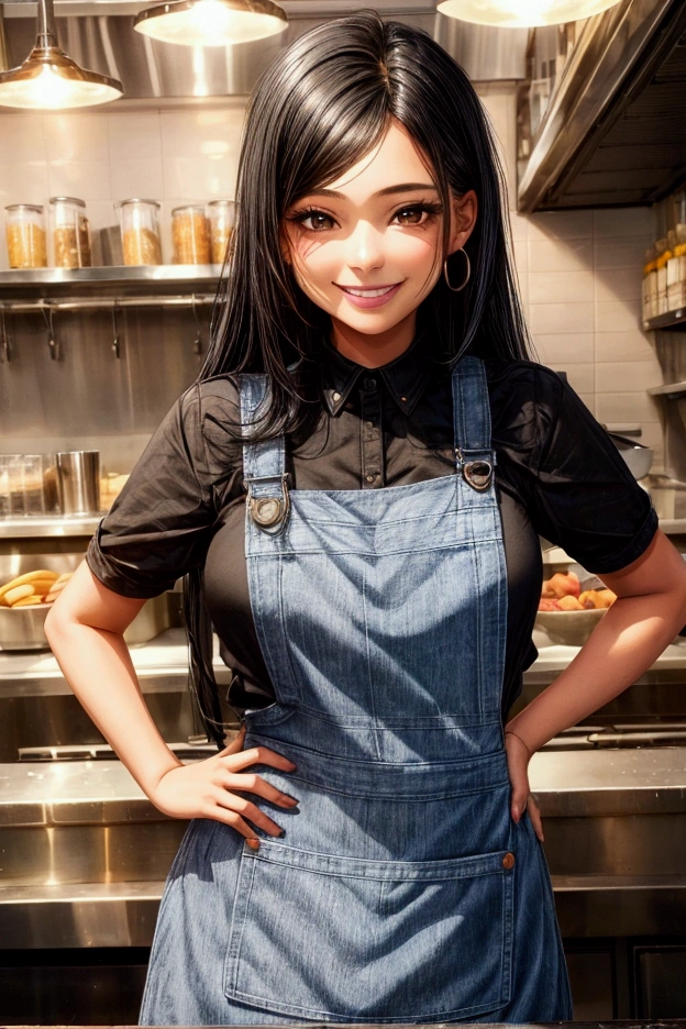young woman, beautiful, latina, black hair, straight hair, brown skin, black eyes, smile, waitress, denim apron, smile amable, happy expression