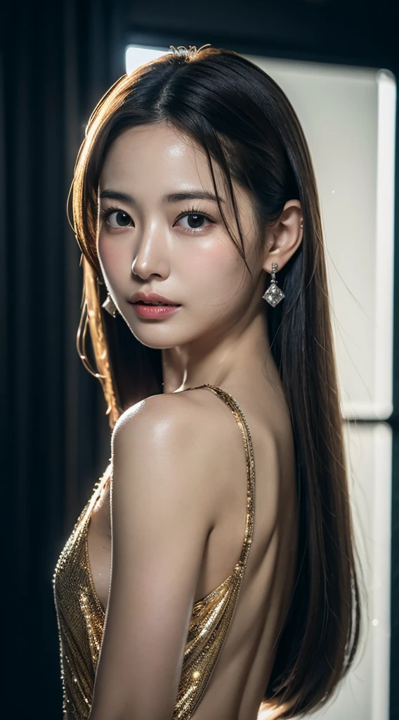masterpiece, Highest quality, lights, Super detailed, More about pubic hair, Ultra-high resolution, 8k wallpaper, Perfect dynamic composition, Beautiful Eyes , Open the mouse,  Exquisite facial features，I love Song Hye Kyo，Perfect face,Reaching the peak of sexual excitement, View your viewers, ((Deep dark background)),Hair Natural，Fragrant shoulders，clavicle，The ultimate light and shadow，Wear delicate earrings，Detailed skin texture