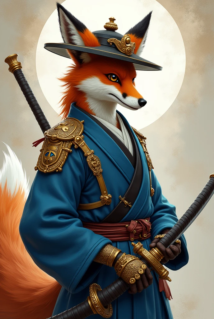 There is a fox dressed in a blue suit and a hat holding a sword., fox and bush, Kitsune-inspired armor, art of feudal japan, fox and bush holding a naginata, fantasy character art, avian warrior, A beautiful fox lady, awesome character art, hyper detailed fantasy character, Edgar Maxence and Ross Tran, Exquisite and epic character art.