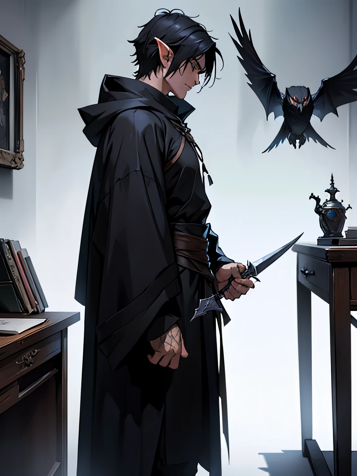 male elf assin arcane trickster rogue dark simple robe hooded black short hair with a dagger dnd, standing next to a desk with a black owl on his shoulder