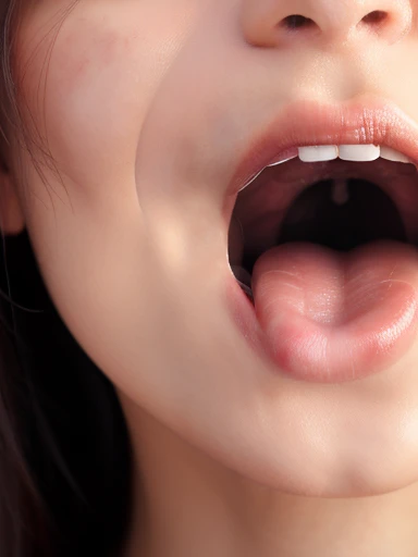 1beautiful girl、17 age、realisitic、((super close up of mouth、Opens mouth wide and shows throat、Smile with mouth wide open))、tongue、長いtongue、tongue out, lip stick, throat open wide