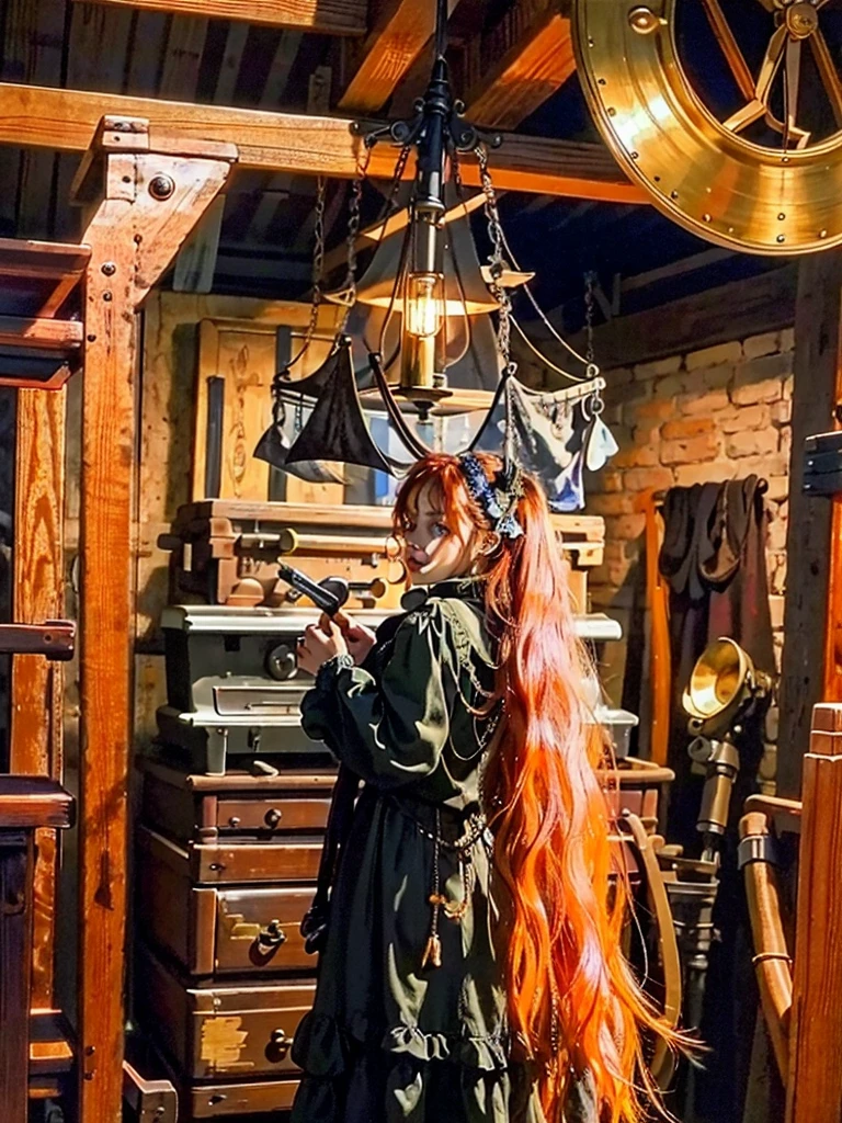 (8k, RAW Photos, Highest quality), Beautiful girl using tools next to desk, At the factory, water pipe, Aquarium, 18th century, Redhead, steampunkな鳥小屋のヘルメット ,Avery Court, (Detailed eyes:0.8), (Looking into the camera:1.4), (Highest quality), (Best Shadow), Intricate details, interior, Dark studio, Calm colors, (steampunk),