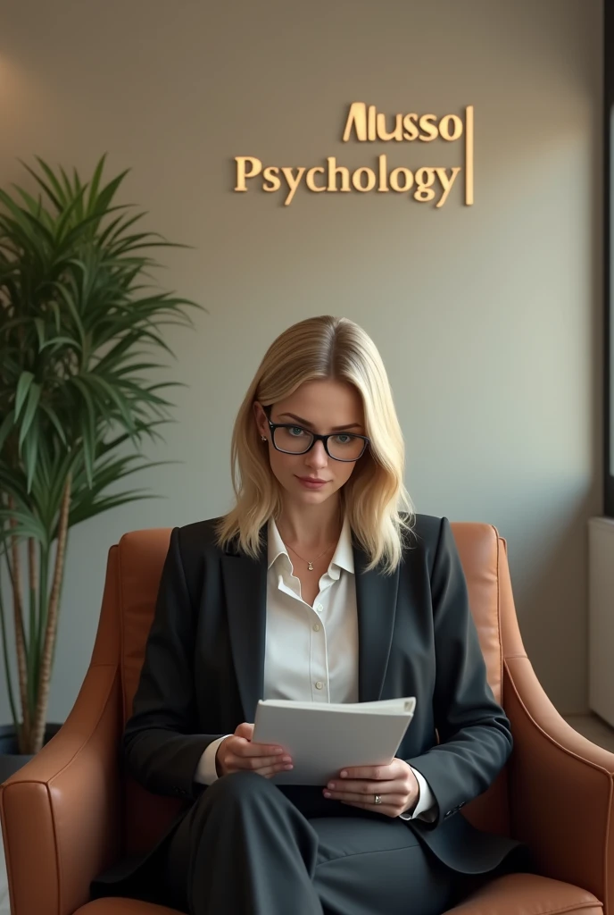 Create an image of a psychology office with the sign "Mussoi Psychology" on the wall. There is a stylish plant in the background.
The psychologist is a 50-year-old blonde woman, green-eyed, with shoulder length hair is looking at his notes. she wears glasses, is wearing a suit and is sitting in an armchair, attending to a patient whose face is not visible.