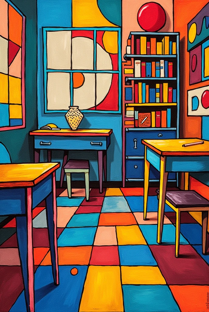 Drawing of a classroom made with pure figures that does not have people and is very colorful so that it looks like a drawing a little bigger and with more figures