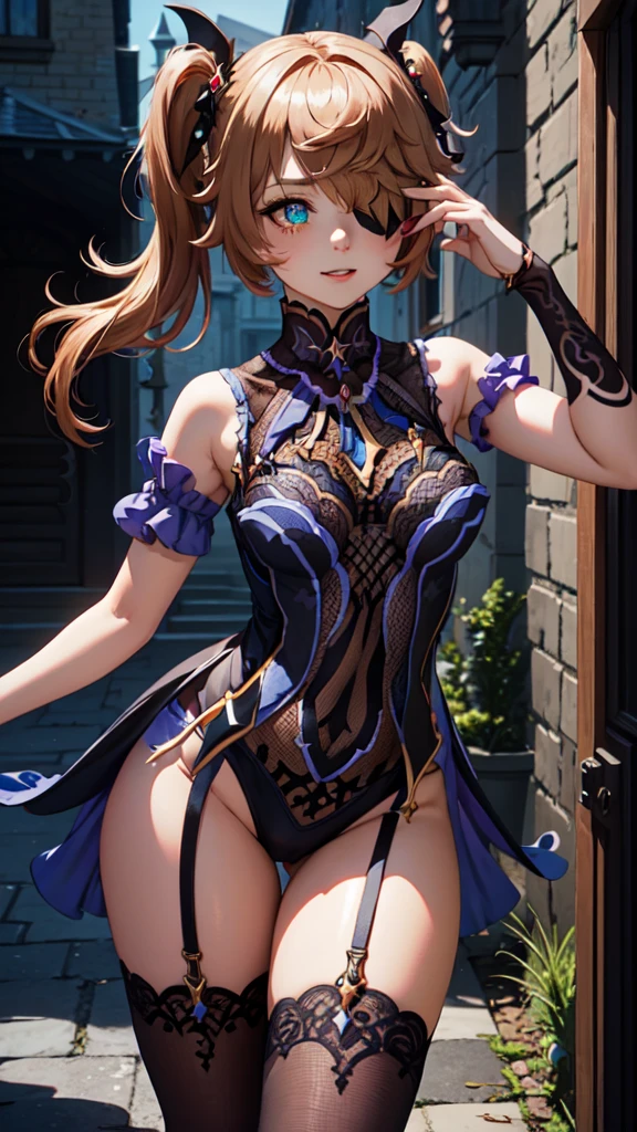 Young redhead, ((redhead catgirl)), ((animal ears)), ((black eye patch)), twin large ponytails, 
BREAK (masterpiece:1.2), best quality, high resolution, unity 8k wallpaper, (illustration:0.8), (beautiful detailed eyes:1.6), extremely detailed face, perfect lighting, extremely detailed CG, (perfect hands, perfect anatomy), joyful, laughing, Happy, thigh corset with deep lace neckline, portrait (3:4), posing. In darkness next to a scary castle.