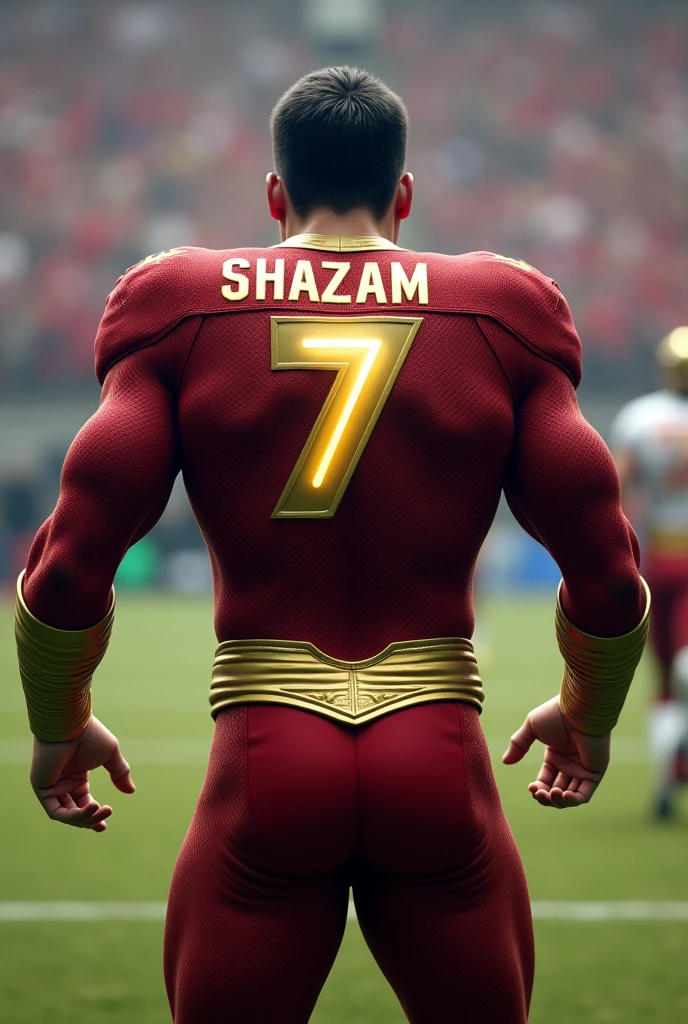 Create a football player with his back turned, with the name Shazam written and the number 7 on the back