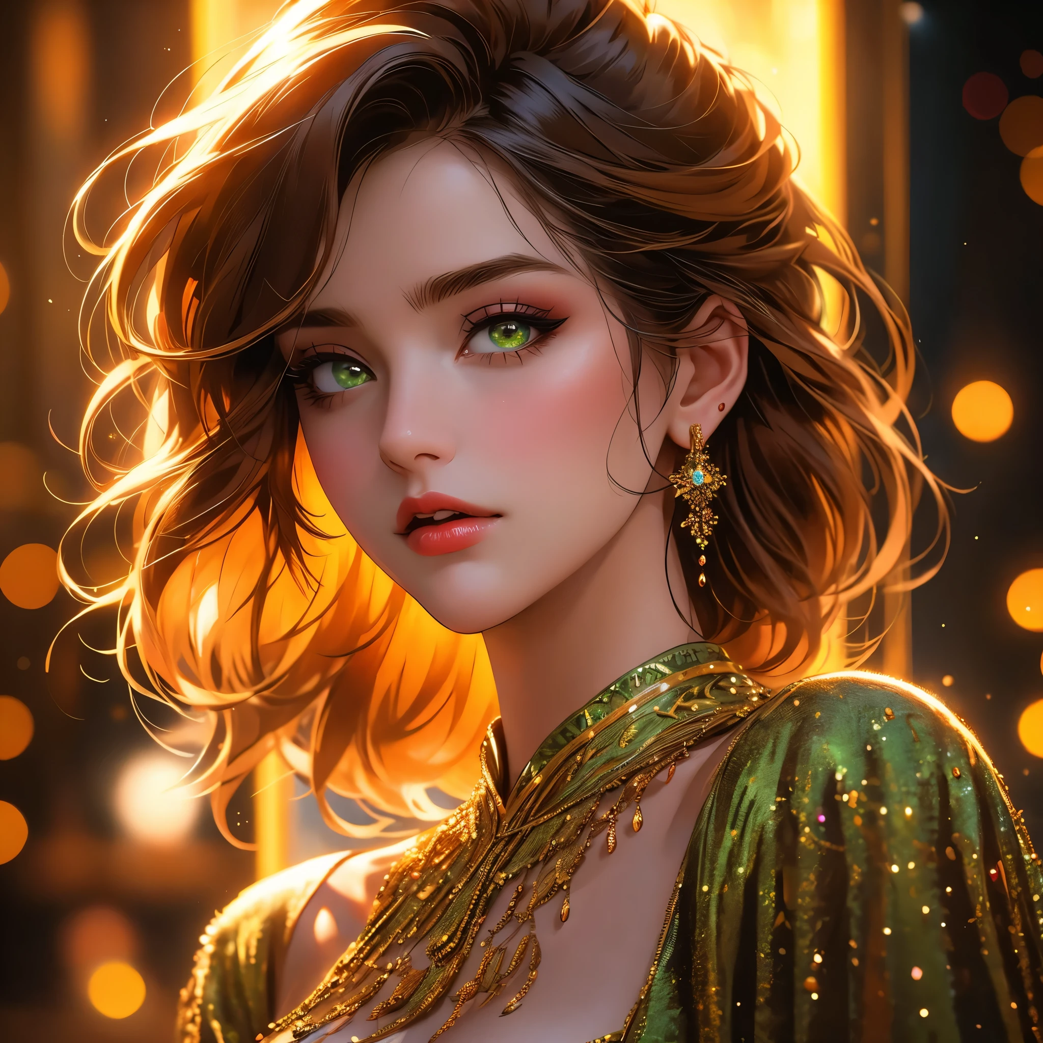 a beautiful woman with detailed green eyes, large breasts, sensual expressions, realistic, photorealistic, photo-realistic:1.37, (best quality,4k,8k,highres,masterpiece:1.2),ultra-detailed, HDR,UHD,studio lighting,ultra-fine painting,sharp focus,physically-based rendering,extreme detail description,professional,vivid colors,bokeh,warm colors,soft lighting