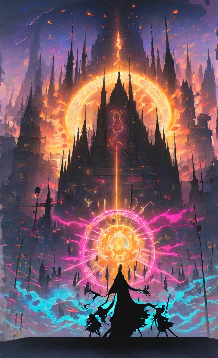 In the heart of a neon-drenched city, a mesmerizing scene unfolds. Two spectral figures emerge from the shadows, their silhouettes starkly contrasted against the vividly graffitied walls. The first figure, adorned in a cloak that dances with the golden fire of streetlights, has eyes that emit a crimson laser-like glow and hair cascading like liquid moonlight. Her companion, a shadowy silhouette crowned with spikes, exudes an air of dark mystique. They stand before an imposing cathedral of the night, its spires piercing through the smog. The ethereal atmosphere is heightened by the glow of forbidden runes, casting an otherworldly radiance that bathes the scene in a mysterious light. This is the realm of graffitipunk, where dark fantasy and street art intertwine, and, dark fantasy, graffiti, photo, cinematic