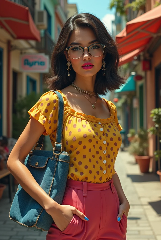 Woman with Pygmalion haircut, round glasses, batom pink, bell-bottom pants, boat neck blouse with colorful polka dot print, leather platform sandals and denim bag. 