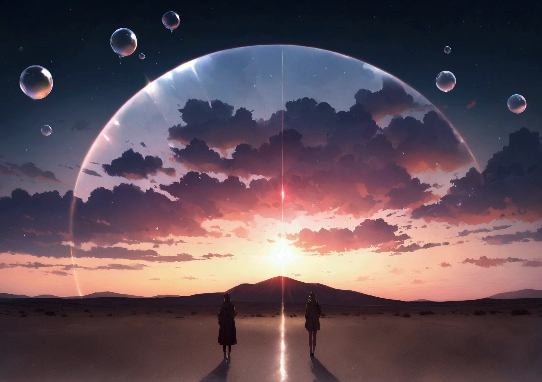 desert, It&#39;s noon, Wet day,bad weather), Beautiful sky, Beautiful Clouds,  (Transparent bubbles shine like prisms here and there in the sky), quality\(8k,非常に精細なCGユニットのwallpaper, masterpiece,High resolution,top-quality,top-quality real texture skin,Surreal,Increase the resolution,RAW Photos,最高quality,Very detailed,wallpaper,Cinema Lighting,Ray Tracing,Golden Ratio\),(Long Shot),Wide Shot,