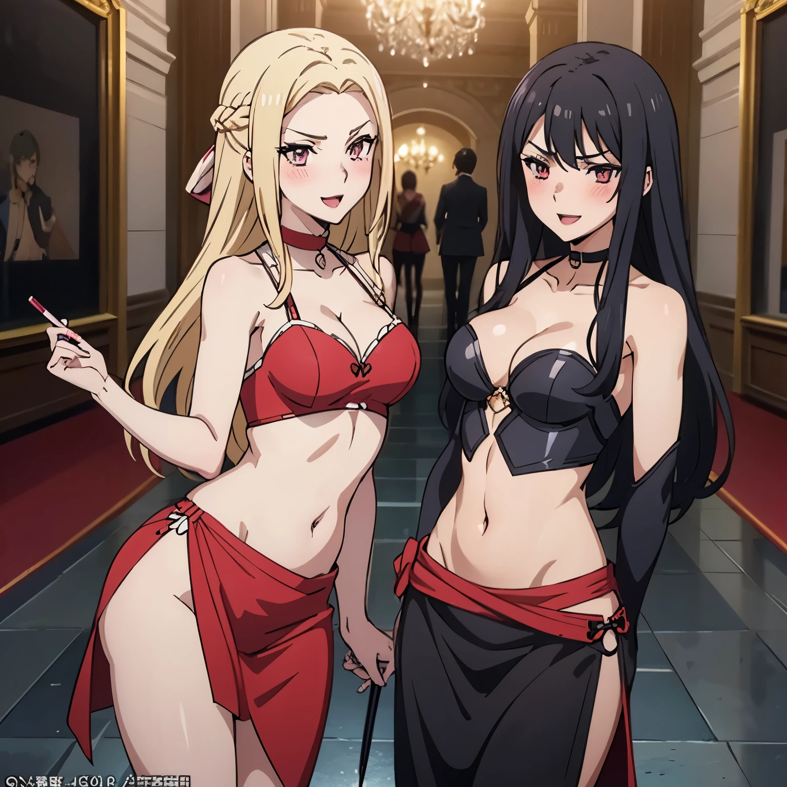 2girl, two girls , evil smile, smile, blush, lipstick, long hair,  choker, necklace, lipstick, blush, Hot girls, baddie, staring, glaring, bad attitude, mean girl, crazy, smoking, sensual, attractive, masterpiece, best quality, highly detailed, fantasy , a anime girls in armored dress holding a sword
posing for a picture, evil smile, smile, open mouth, breastplate with open cleavage, cleavage, warrior
outfit, ecchi anime style, anime girls, ecchi style, , ecchi, digital anime art!!, in
anime style, official artwork, visual novel cg, beautiful anime girl, anime style 4 k , loincloth, exposed
belly, exposed navel, exposed midriff, exposed lower belly, pencil skirt armored, castle,inside castle