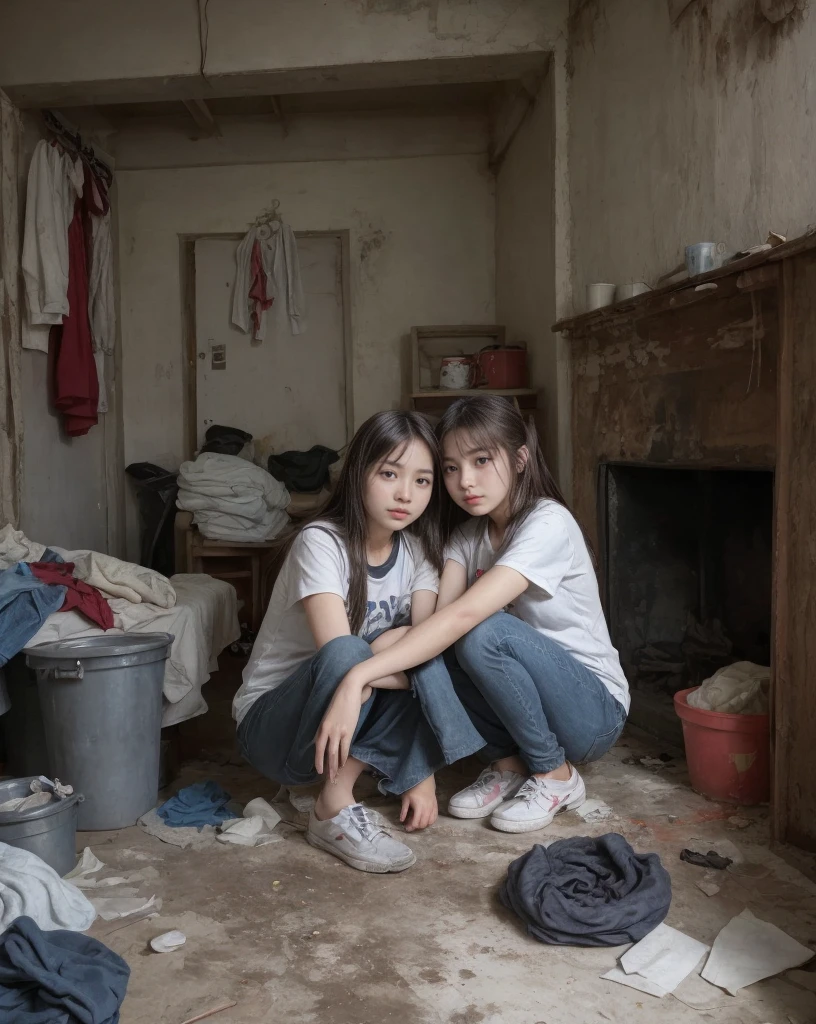 4 beautiful and pretty chinese girls with dirty clothes in broken home