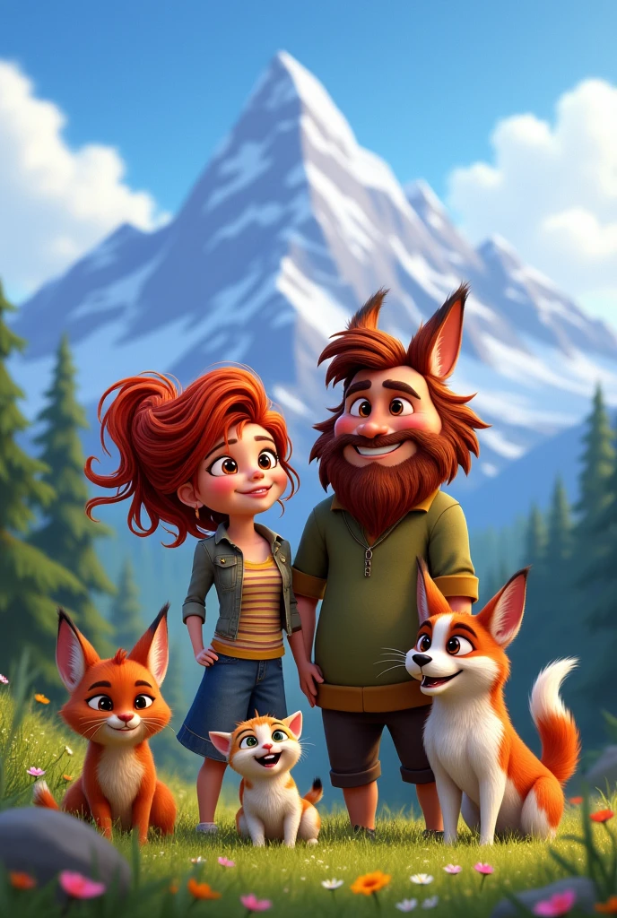  Cartoon style, look like zootopia, a woman with curly hair smiling, a brown-haired man with a big beard, a baby with curls, a kitten, a brown and white border collie, mountain