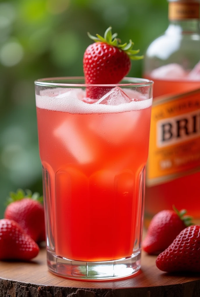 Strawberry caipirinha in a glass with a bottle behind it