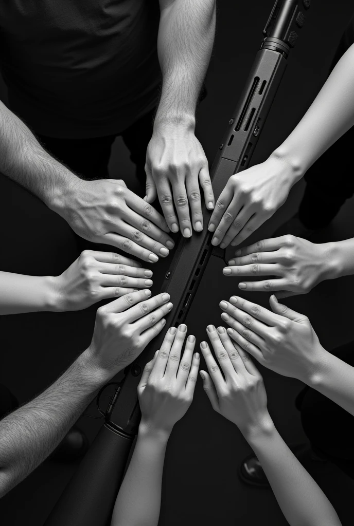 Ten hands in a circle holding a rifle and money in black and white photography mode
