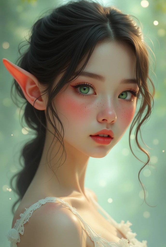 Girl with elf ears, fair skin and pastel green eyes, blind in one eye,freckles , with dark brown hair in the star rail style.
