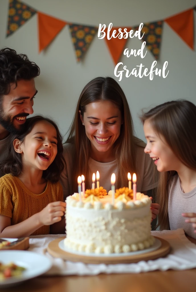 A celebratory image of the family gathered around a cake with smiles and laughter. The setting should be festive, with decorations and a sense of joy. Overlay text: "Blessed and Grateful."