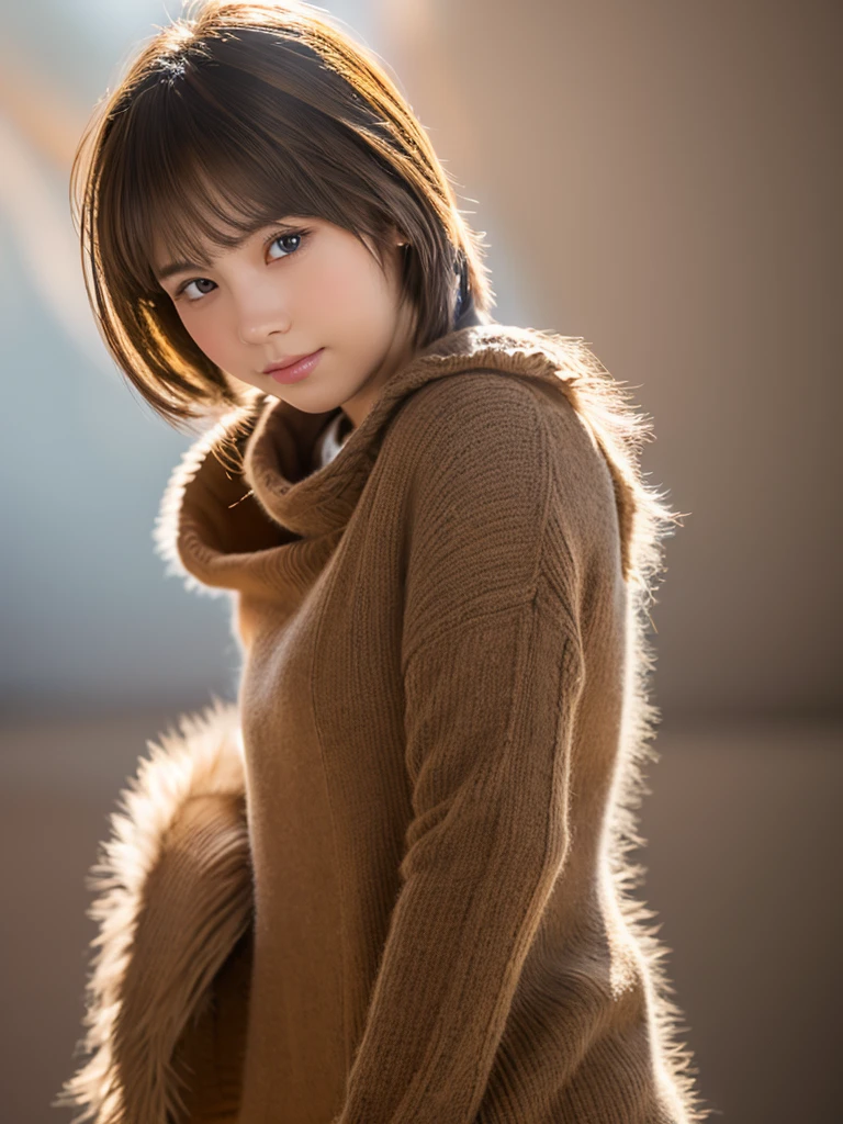 Ultra-detailed 40K photo, masterpiece, ultra high res, (photo realistic:2.0), soft warm lighting, ultra detailed vast background, front view, full body shot, an ultra-detailed Japanese girl, short brown hair, with a gray cat,